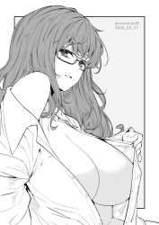 Rule 34 | 1girl, bare shoulders, breasts, commentary request, glasses, grey background, greyscale, highres, kichihachi, large breasts, looking at viewer, mole, mole under mouth, monochrome, open clothes, open shirt, original, parted lips, simple background, solo, twitter username, two-tone background, white background