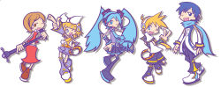 Rule 34 | 2boys, 3girls, aqua eyes, blonde hair, blue eyes, blue hair, brown eyes, brown hair, hatsune miku, kagamine len, kagamine rin, kaito (vocaloid), madou monogatari, meiko (vocaloid), microphone stand, multiple boys, multiple girls, one eye closed, parody, pointing, puyopuyo, puyopuyo fever, style parody, thighhighs, twintails, vocaloid, wink