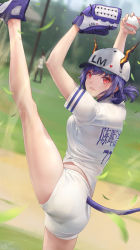 Rule 34 | 2girls, alternate costume, amiya (arknights), arknights, arms up, ass, ball, bare legs, baseball, baseball cap, baseball glove, baseball uniform, blue footwear, blue hair, blush, breasts, ch&#039;en (arknights), chinese commentary, clothes writing, commentary request, cowboy shot, day, dragon horns, dragon tail, hat, heart, highres, holding, holding ball, horns, jay xu, leaf, leg up, looking at viewer, midriff peek, multiple girls, outdoors, parted lips, red eyes, shirt, shoes, short hair, short shorts, short sleeves, shorts, signature, small breasts, sportswear, standing, standing on one leg, tail, thighs, translation request, white shirt, white shorts