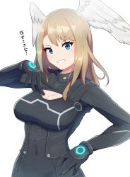 Rule 34 | 1girl, blue eyes, bodysuit, breast tattoo, breasts, brown hair, chest tattoo, collar, commentary, covered navel, eunie (xenoblade), hand on own chest, hand on own hip, head wings, highres, hood, kamidan, large breasts, medium hair, military, military uniform, official alternate costume, simple background, tattoo, uniform, white background, wings, xenoblade chronicles (series), xenoblade chronicles 3