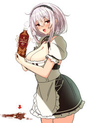 Rule 34 | 1girl, apron, arrow (symbol), azur lane, blush, bottle, breasts, broken, cleavage, dress, grey hair, hair between eyes, hairband, hey taisyou, highres, holding, holding bottle, large breasts, looking at viewer, open mouth, puffy short sleeves, puffy sleeves, red eyes, short hair, short sleeves, simon (ttgl), simple background, sirius (azur lane), solo, spill, sweat, tea, white apron, white background