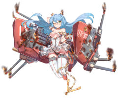 Rule 34 | 12cat, 1girl, anchor, animal ears, black panties, blue hair, cannon, chain, cleavage cutout, clothing cutout, damaged, fake animal ears, fire, green eyes, highleg, highleg panties, jumping, long hair, looking at viewer, machinery, mecha musume, official art, one eye closed, original, panties, personification, simple background, smoke, solo, thighhighs, turret, underwear, uss west virgina (bb-48), uss west virginia (bb-48), uss west virginia (zhan jian shao nyu), warship girls r, west virginia (warship girls r), white background