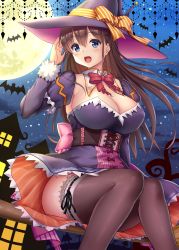 Rule 34 | 1girl, absurdres, bat (animal), blue eyes, blush, bow, bowtie, breasts, broom, broom riding, brown hair, brown thighhighs, cleavage, commentary request, detached sleeves, dress, dress bow, frilled sleeves, frills, full moon, halloween, hand up, hat, hat bow, highres, juliet sleeves, lace, lace-trimmed legwear, lace trim, large bow, large breasts, long hair, long sleeves, looking at viewer, moon, no panties, open mouth, orange bow, original, outdoors, pink bow, puffy sleeves, purple dress, red bow, ribbon-trimmed legwear, ribbon trim, sitting, smile, solo, striped, striped bow, teeth, thighhighs, uehiro, upper teeth only, witch, witch hat