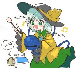Rule 34 | 2girls, :&gt;, = =, bell, blanket, blouse, bone, bow, buttons, closed eyes, dreaming, drumsticks, ebisu eika, frilled sleeves, frills, green eyes, green hair, green skirt, hat, hat bow, hat ribbon, highres, holding, holding drumsticks, howhow notei, komeiji koishi, light blush, multiple girls, musical note, open mouth, ribbon, shirt, skirt, sleeping, touhou, translation request, white background, wide sleeves, yellow shirt
