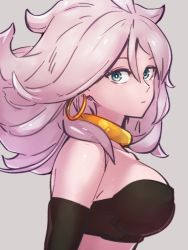 Rule 34 | 1girl, android 21, bare shoulders, blue eyes, breasts, choker, closed mouth, colored skin, dragon ball, dragon ball fighterz, earrings, grey background, hoop earrings, jewelry, kemachiku, large breasts, long hair, looking at viewer, majin android 21, pink hair, pink skin, simple background, solo, upper body, yellow choker