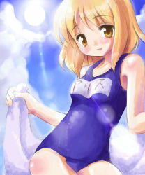 Rule 34 | 1girl, alice margatroid, female focus, name tag, one-piece swimsuit, school swimsuit, solo, swimsuit, tilm, touhou