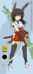 Rule 34 | 1girl, adapted uniform, bad id, bad pixiv id, black hair, commentary request, dakku (ogitsune), full body, green eyes, head wings, japanese clothes, katana, nontraditional miko, solo, standing, strike witches, strike witches 1991, sword, tail, thighhighs, uniform, weapon, wings, world witches series