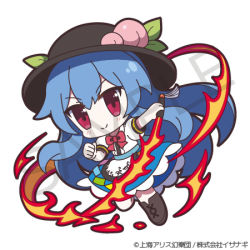 Rule 34 | 1girl, 60mai, apron, black footwear, black hat, blue hair, blue skirt, boots, chibi, clenched hand, closed mouth, cross-laced footwear, flaming sword, flaming weapon, full body, hair between eyes, hand up, hat, hinanawi tenshi, lace-up boots, long hair, lowres, outline, rainbow order, red eyes, sample watermark, shirt, short sleeves, simple background, skirt, smile, solo, sword of hisou, touhou, very long hair, watermark, white background, white shirt