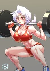 Rule 34 | 1girl, artist request, ass, bare legs, bare shoulders, breasts, cleavage, dumbbell, exercising, fingerless gloves, fingernails, gloves, gym shorts, gym uniform, highres, kinnikuman, kinnikuman lady, kinnikuman lady (character), large breasts, long hair, looking to the side, lying, medium hair, muscular, muscular female, navel, short shorts, shorts, solo, sports bra, sportswear, squatting, sweat, weightlifting, weights, white hair, wide hips
