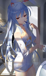 Rule 34 | 1girl, :t, absurdres, alternate costume, animal ear fluff, animal ears, bare shoulders, blue hair, brushing teeth, closed mouth, clothes writing, collarbone, commentary request, cup, hair between eyes, half-closed eyes, highres, holding, hololive, indoors, long hair, looking at viewer, mug, off shoulder, rabbit ears, red eyes, romaji text, scottie (phantom2), shirt, short sleeves, sink, solo, standing, toothbrush, toothpaste, translation request, usada pekora, very long hair, virtual youtuber, white shirt