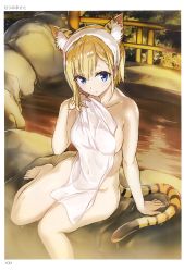 Rule 34 | 1girl, absurdres, animal ears, arm at side, bare legs, barefoot, blonde hair, blue eyes, breasts, covered navel, covering privates, highres, looking at viewer, medium breasts, mutsumi masato, naked towel, nude cover, onsen, outdoors, scan, short hair, solo, steam, tail, tiger ears, tiger tail, toranoana, towel, water, wet