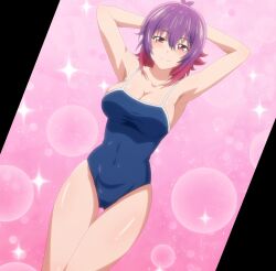 Rule 34 | 1girl, aoba kurage, armpits, arms behind head, breasts, cleavage, large breasts, multicolored hair, one-piece swimsuit, purple hair, red eyes, screencap, seductive smile, smile, solo, stitched, swimsuit, temple (series), third-party edit, two-tone hair