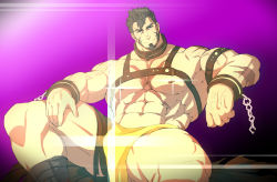 Rule 34 | 1boy, abs, absurdres, bara, bare pectorals, blush, brown hair, bulge, chain, chest harness, collar, cross scar, cuffs, facial hair, flaming eye, gluteal fold, goatee, handcuffs, harness, heracles (housamo), highres, kill la kill, kito (clamp5656), large pectorals, loincloth, long sideburns, looking at viewer, male focus, metal collar, muscular, muscular male, navel, nipples, pectorals, revealing clothes, scar, short hair, sideburns, solo, sparkle, spread legs, thick thighs, thighs, tokyo houkago summoners