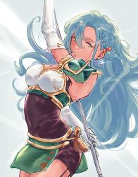 Rule 34 | 1girl, armor, blue hair, braid, breastplate, chloe (fire emblem), covered navel, earrings, elbow gloves, fire emblem, fire emblem engage, gloves, green eyes, hair between eyes, hair ribbon, herdwicoco, holding, holding polearm, holding weapon, jewelry, long hair, looking at viewer, nintendo, pegasus knight uniform (fire emblem), polearm, ribbon, shoulder armor, simple background, skin tight, solo, weapon, white gloves