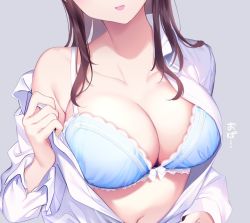 Rule 34 | 1girl, :d, bare shoulders, blue bra, bow, bow bra, bra, breasts, brown hair, chikuwa., cleavage, collarbone, collared shirt, commentary request, dress shirt, facing viewer, female focus, grey background, head out of frame, long hair, long sleeves, medium breasts, navel, off shoulder, open clothes, open mouth, open shirt, original, shirt, simple background, smile, solo, underwear, upper body, white shirt