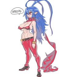 Rule 34 | 1girl, bra, breasts, cleavage, disgaea, disgaea d2, covered erect nipples, female focus, full body, laharl, laharl-chan, large breasts, navel, pants, pointy ears, shoes, simple background, solo, standing, underwear, white background