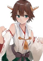 Rule 34 | 1girl, 73suke, absurdres, bare shoulders, belt, black belt, black bow, blush, bow, breasts, brown hair, clenched hand, closed mouth, commentary, detached sleeves, flipped hair, green eyes, green skirt, hair between eyes, headgear, hiei (kancolle), highres, japanese clothes, kantai collection, light smile, long sleeves, looking at viewer, medium breasts, nontraditional miko, outstretched arm, plaid, plaid skirt, pleated skirt, ribbon-trimmed sleeves, ribbon trim, rope, shirt, short hair, simple background, skirt, sleeveless, sleeveless shirt, smile, solo, upper body, white background, white shirt, wide sleeves