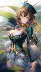 Rule 34 | 1girl, absurdres, arm at side, blue gemstone, blurry, blurry foreground, braid, breasts, brown hair, cleavage, closed mouth, commentary, cowboy shot, english commentary, flower, gem, genshin impact, glint, gold trim, green eyes, green gemstone, green hat, hair between eyes, hair flower, hair ornament, hair over shoulder, hand on own hip, hat, highres, jewelry, leaf, leaf background, lisa (a sobriquet under shade) (genshin impact), lisa (genshin impact), long sleeves, looking at viewer, medium breasts, medium hair, neck ring, necklace, official alternate costume, plant, puffy long sleeves, puffy sleeves, purple flower, purple rose, rose, short braid, skirt, smile, solo, thighlet, twin braids, twitter username, vision (genshin impact), white skirt, yonesdraws