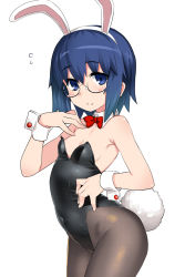 Rule 34 | 1girl, animal ears, black leotard, blue eyes, blue hair, blush, bow, bowtie, breasts, brown pantyhose, ciel (tsukihime), closed mouth, covered navel, cowboy shot, detached collar, fake animal ears, fake tail, flying sweatdrops, glasses, hand on own chest, highres, leotard, looking at viewer, medium hair, namonashi, pantyhose, petite, playboy bunny, rabbit ears, rabbit tail, red bow, red bowtie, semi-rimless eyewear, simple background, small breasts, smile, solo, strapless, strapless leotard, tail, tsukihime, under-rim eyewear, white background, wrist cuffs