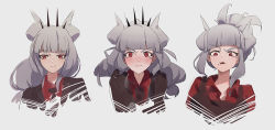 1girl, apron, bangs, black apron, black jacket, black neckwear, blunt bangs, blush, closed mouth, collared shirt, cropped torso, crumbs, demon girl, donuttypd, eating, embarrassed, expressions, eyebrows visible through hair, female focus, food, food on face, formal, grey background, grey hair, hair bun, half-closed eyes, happy, helltaker, horns, jacket, light blush, long hair, looking at viewer, lucifer (helltaker), mole, mole under eye, multiple views, necktie, nose blush, open mouth, pout, raised eyebrow, red eyes, red shirt, shirt, short hair, sidelocks, simple background, sketch, smile, spikes, suit, tears, teeth, tied hair, wide-eyed
