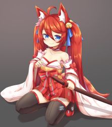 Rule 34 | 1girl, ahoge, animal ear fluff, animal ears, back bow, bare shoulders, bell, blue eyes, blue ribbon, blush, borrowed character, bow, bow choker, breasts, choker, closed mouth, collarbone, detached sleeves, flower, fox ears, fox girl (miya (miyaruta)), full body, grey thighhighs, hair bell, hair between eyes, hair flower, hair ornament, hair ribbon, highres, holding, holding sword, holding weapon, japanese clothes, jingle bell, klaius, long hair, long sleeves, looking at viewer, miko, original, red bow, red choker, red hair, red skirt, ribbon, scabbard, sheath, sheathed, simple background, skirt, small breasts, smile, solo, sword, thighhighs, twintails, very long hair, weapon, white background, wide sleeves