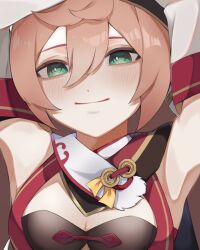 Rule 34 | 1girl, arms up, bare shoulders, breasts, cleavage, commentary request, genshin impact, green eyes, long hair, looking at viewer, medium breasts, pink hair, sikabane, smile, solo, upper body, yanfei (genshin impact)