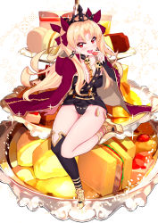 Rule 34 | 1girl, absurdres, arm support, asymmetrical legwear, asymmetrical sleeves, between breasts, black thighhighs, blonde hair, blush, breasts, cape, cherry, collarbone, commentary request, detached collar, diadem, earrings, ereshkigal (fate), fate/grand order, fate (series), food, fruit, full body, fur-trimmed cape, fur trim, gold trim, highres, holding, holding food, hoop earrings, in food, jewelry, long hair, looking at viewer, medium breasts, multicolored cape, multicolored clothes, necklace, open mouth, oversized food, oversized object, parted bangs, red cape, red eyes, single sleeve, single thighhigh, sitting, skull, solo, spine, strawberry, teeth, thighhighs, thighs, tiara, two-sided cape, two-sided fabric, two side up, uneven legwear, uneven sleeves, upper teeth only, very long hair, yellow cape, yuruto