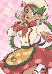 1girl apron creatures_(company) dark-skinned_female dark_skin dress funoso game_freak green_eyes green_hair hat heart long_sleeves mallow_(palentine&#039;s_2023)_(pokemon) mallow_(pokemon) nintendo pokemon pokemon_masters_ex pokemon_sm shoes socks twintails