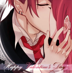 Rule 34 | 1boy, 1girl, blush, collared shirt, commentary request, earrings, fingernails, hand in another&#039;s hair, happy valentine, hetero, jewelry, kiss, lanmei jiang, long hair, lowres, ming wei aiqing de chibang, multiple earrings, necktie, pink hair, red hair, red necktie, shirt, short hair, upper body, white shirt