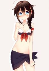 Rule 34 | 10s, 1girl, absurdres, adapted costume, ahoge, bare shoulders, bikini, black hair, blue eyes, blush, bottomless, braid, breasts, cleavage, front-tie top, full-face blush, groin, highres, kantai collection, naoto (tulip), navel, no panties, sarong, shigure (kancolle), shigure kai ni (kancolle), simple background, single braid, small breasts, solo, swimsuit