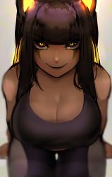 Rule 34 | 1girl, animal ears, anput (nsfwolf), black sports bra, blunt bangs, blunt ends, blurry, blurry background, breasts, cleavage, close-up, colored inner hair, commentary, dark-skinned female, dark skin, depth of field, downblouse, english commentary, facial tattoo, glowing, glowing eyes, highres, hime cut, jackal ears, large breasts, long hair, multicolored hair, nsfwolf, original, pants, smile, solo, sports bra, tattoo, thigh gap, two-tone hair, yoga pants