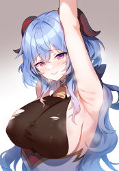 Rule 34 | 1girl, ahoge, apple caramel, arm up, armpits, bare shoulders, bell, blue hair, blush, bodystocking, breasts, dress, ganyu (genshin impact), genshin impact, highres, horns, large breasts, long hair, looking at viewer, purple eyes, sideboob, sidelocks, smile, solo, torn clothes, white dress