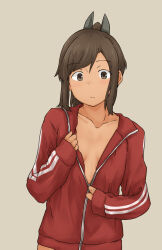 Rule 34 | 1girl, breasts, brown eyes, brown hair, chagamaka, grey background, hair ornament, highres, i-401 (kancolle), jacket, kantai collection, looking at viewer, naked jacket, open clothes, open jacket, ponytail, red jacket, short hair, simple background, small breasts, solo, track jacket, upper body