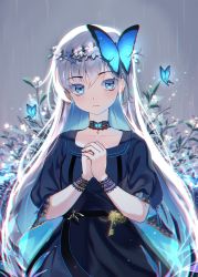 Rule 34 | 1girl, animal, blue dress, blue eyes, blue flower, bug, butterfly, collarbone, commentary, dress, english commentary, flower, grey background, hair between eyes, hair flower, hair ornament, highres, insect, key, long hair, mechuragi, original, own hands together, puffy short sleeves, puffy sleeves, rain, short sleeves, silver hair, solo, very long hair, white flower, wide sleeves