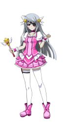 Rule 34 | 10s, 1girl, ahoge, brown eyes, collarbone, eyebrows, eyepatch, full body, highres, holding, holster, infinite stratos, laura bodewig, long hair, looking at viewer, magical girl, pink skirt, pleated skirt, silver hair, skirt, solo, thigh holster, thighhighs, transparent background, white thighhighs, wristband, zettai ryouiki