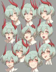Rule 34 | 1girl, :o, ^ ^, blush, closed eyes, collared shirt, crying, embarrassed, expressions, eyeshadow, fujii eishun, green eyes, grey background, head tilt, highres, horns, kabura (fujii eishun), licking lips, looking at viewer, makeup, mole, mole under mouth, multiple horns, multiple views, open mouth, original, parted lips, pink eyeshadow, pointy ears, pout, shaded face, shirt, short hair, simple background, smile, surprised, tongue, tongue out, v-shaped eyebrows