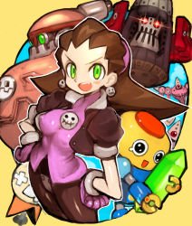 Rule 34 | 1girl, blush, breasts, brown hair, capcom, covered erect nipples, cropped jacket, crotch plate, crystal, dakusuta, earrings, gloves, green eyes, hair pulled back, hair slicked back, hairband, hands on own hips, highres, jewelry, legs together, medium breasts, mega man (series), mega man legends (series), open mouth, pantyhose, pink hairband, puffy short sleeves, puffy sleeves, robot, servbot (mega man), short sleeves, smile, tron bonne (mega man)