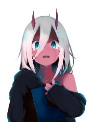 Rule 34 | 10s, 1girl, bare shoulders, blue eyes, blush, book, colored skin, crying, darling in the franxx, hair between eyes, highres, horns, long hair, long sleeves, looking at viewer, off shoulder, oni, open mouth, pink hair, red skin, robe, sad, sobbing, solo, spoilers, tears, upper body, zero two (darling in the franxx)