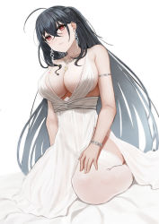 Rule 34 | 1girl, absurdres, ahoge, azur lane, backless dress, backless outfit, black hair, breasts, center opening, cleavage, cocktail dress, dress, earrings, evening gown, hair between eyes, hair strand, highres, jewelry, large breasts, long hair, looking at viewer, necklace, official alternate costume, plunging neckline, red-tea, satin dress, simple background, sleeveless, sleeveless dress, taihou (azur lane), taihou (temptation on the sea breeze) (azur lane), thighhighs, very long hair, white background, white dress, white thighhighs