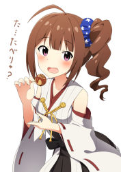 Rule 34 | 1girl, :o, ahoge, alternate costume, ariel23795, bare shoulders, black skirt, brown hair, commentary request, cosplay, detached sleeves, food, hair ornament, hair scrunchie, holding, holding food, idolmaster, idolmaster million live!, kantai collection, kongou (kancolle) (cosplay), kongou (kancolle), looking at viewer, nontraditional miko, purple eyes, scrunchie, side ponytail, simple background, skirt, solo, takoyaki, translation request, white background, yokoyama nao