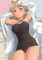 Rule 34 | 1girl, @ @, alice gear aegis, araime yasuri, arms up, bed sheet, black dress, black eyes, black panties, blush, breasts, cleavage, criss-cross halter, dress, halterneck, highres, large breasts, long hair, long sleeves, looking at viewer, lying, on back, open clothes, panties, parted lips, pillow, short dress, solo, tan, underwear, unpasu, wire cutters