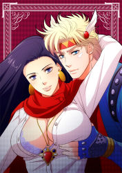 Rule 34 | 1boy, 1girl, battle tendency, black hair, blonde hair, blue eyes, blue jacket, bra, grabbing another&#039;s breast, breasts, caesar anthonio zeppeli, cape, cleavage, earrings, facial mark, feather hair ornament, feathers, fingerless gloves, gloves, grabbing, hair ornament, headband, hetero, jacket, jewelry, jojo no kimyou na bouken, large breasts, lisa lisa, long hair, mature female, necklace, purple hair, red scarf, red stone of aja, ribbon, scarf, sexually suggestive, studded jacket, underwear, zero1