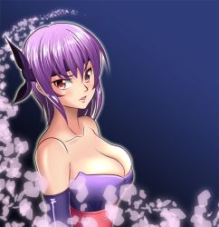 Rule 34 | 1girl, ayane (doa), bad id, bad pixiv id, bare shoulders, breasts, cleavage, dead or alive, dress, elbow gloves, gloves, hair ribbon, headband, large breasts, ninja, obi, petals, purple hair, red eyes, ribbon, sash, short hair, solo, strapless, strapless dress, tecmo, xyz (kamikazejap)