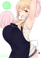 Rule 34 | 10s, 1girl, :d, apron, arm up, armpits, bad id, bad pixiv id, blonde hair, blush, breasts, huge breasts, large breasts, long hair, looking at viewer, nekoume, one eye closed, open mouth, pom pom (cheerleading), ribbed sweater, sleeveless, smile, solo, sunohara ayaka, sunoharasou no kanrinin-san, sweater, wink, yellow eyes