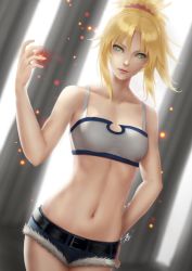 Rule 34 | 1girl, backlighting, bandeau, bare arms, bare shoulders, belt, belt buckle, blonde hair, breasts, buckle, closed mouth, collarbone, column, cowboy shot, cutoffs, denim, denim shorts, dutch angle, electricity, fate/apocrypha, fate (series), green eyes, hand on own hip, hand up, light particles, lips, looking at viewer, mordred (fate), mordred (fate/apocrypha), mordred (memories at trifas) (fate), navel, parted bangs, pillar, ponytail, short hair, short shorts, shorts, sidelocks, signature, small breasts, smile, solo, standing, stomach, suikunart