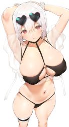 Rule 34 | 1girl, armpits, arms behind head, arms up, azur lane, bikini, black bikini, blush, breasts, choker, cleavage, collarbone, commentary request, covered erect nipples, crossed bangs, eyewear on head, frilled cuffs, from above, hair between eyes, highleg, highleg bikini, highres, huge breasts, looking at viewer, looking up, navel, nekoshoko, o-ring, o-ring bikini, open mouth, red eyes, scrunchie, see-through, short hair, sidelocks, simple background, sirius (azur lane), sirius (scorching-hot seirios) (azur lane), skindentation, solo, standing, stomach, string bikini, sunglasses, swimsuit, thigh strap, thighs, white background, white hair, wrist cuffs, wrist scrunchie