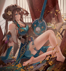 Rule 34 | 1girl, absurdres, ai dongdong, aqua dress, aqua eyes, aqua gloves, barefoot, breasts, brown hair, chinese clothes, cleavage, closed mouth, clothing cutout, commentary request, covered navel, dress, flower, from side, full body, gloves, hair flower, hair intakes, hair ornament, highres, honkai: star rail, honkai (series), indoors, jewelry, knee up, large breasts, long hair, medium breasts, necklace, on floor, pearl necklace, plant, plate, potted plant, ruan, ruan mei (honkai: star rail), shoulder cutout, sitting, solo, tassel, vase, yellow flower