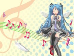 Rule 34 | gakky, hatsune miku, long hair, lowres, necktie, solo, thighhighs, twintails, very long hair, vocaloid, wings, zettai ryouiki