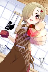 Rule 34 | 10s, 1girl, apron, blonde hair, box, candy, chocolate, chocolate heart, earrings, faucet, feeding, food, foreshortening, gift, gift box, hair ornament, hair over one eye, heart, heart hair ornament, highres, idolmaster, idolmaster cinderella girls, incoming food, indoors, jewelry, ladle, looking at viewer, momo (higanbana and girl), pot, pov, pov feeding, red eyes, shirasaka koume, short hair, short sleeves, smile, solo, valentine