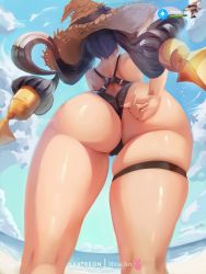Rule 34 | 1girl, absurdres, adjusting clothes, adjusting swimsuit, ass, bare shoulders, bikini, black bikini, character name, from behind, from below, genshin impact, hair ornament, hat, health bar, highres, huge ass, long hair, mirai hikari, mona (genshin impact), paid reward available, purple hair, shiny skin, skindentation, sky, solo, swimsuit, thigh strap, thighs, twintails, very long hair